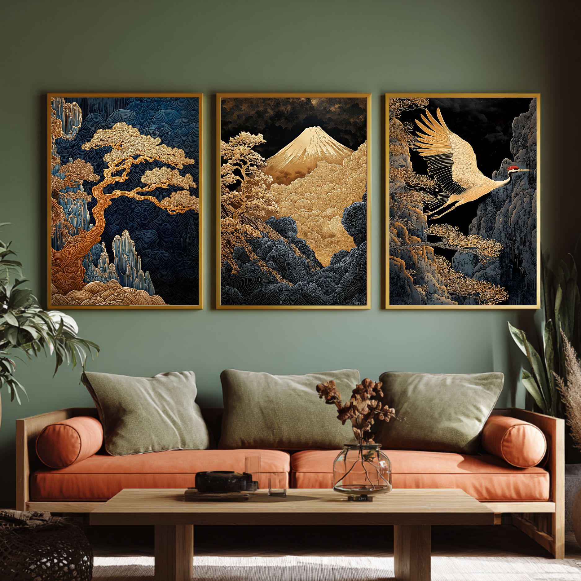 Japanese Gold Crane Wall Art Set of 3 Japandi Poster Wabi Sabi Mountain ...