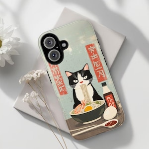 Vintage Ramen Cat Phone Case Japanese Food Art Retro Aesthetic iPhone 16 15 14 Pro Max Samsung S24 Pixel 9 MagSafe Tough Phone Cover