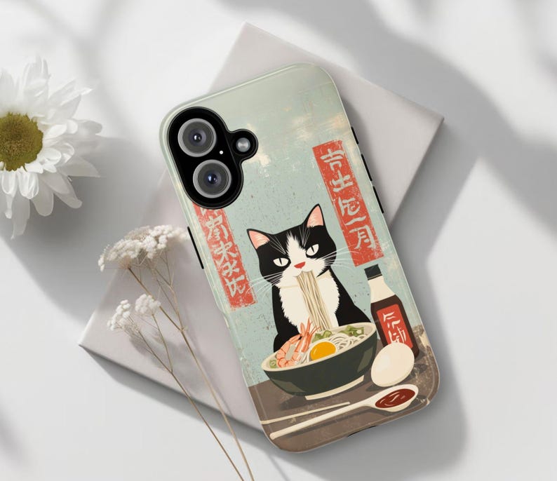 Vintage Ramen Cat Phone Case Japanese Food Art Retro Aesthetic iPhone 16 15 14 Pro Max Samsung S24 Pixel 9 MagSafe Tough Phone Cover
