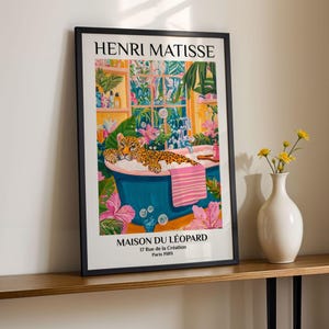 Leopard Bathroom Art Print Henri Matisse Style Wild Cat Poster Colorful Bubble Bath Wall Decor Jungle Gallery Wall Paris Retro Wall Art Gift