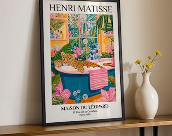 Leopard Bathroom Art Print Henri Matisse Style Wild Cat Poster Colorful Bubble Bath Wall Decor Jungle Gallery Wall Paris Retro Wall Art Gift