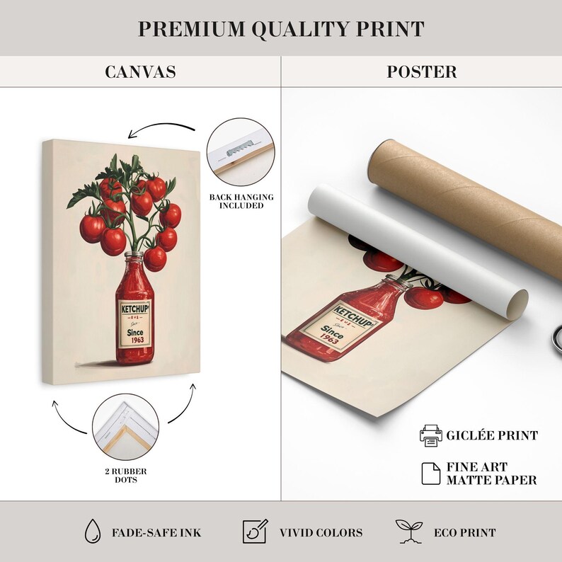 Op de afbeelding: Een canvas print en poster met een vintage illustratie van een ketchupfles met tomaten. De fles is rood met de tekst "Ketchup Since 1963". De canvas print bevat een ophanging aan de achterkant en rubberen stippen.