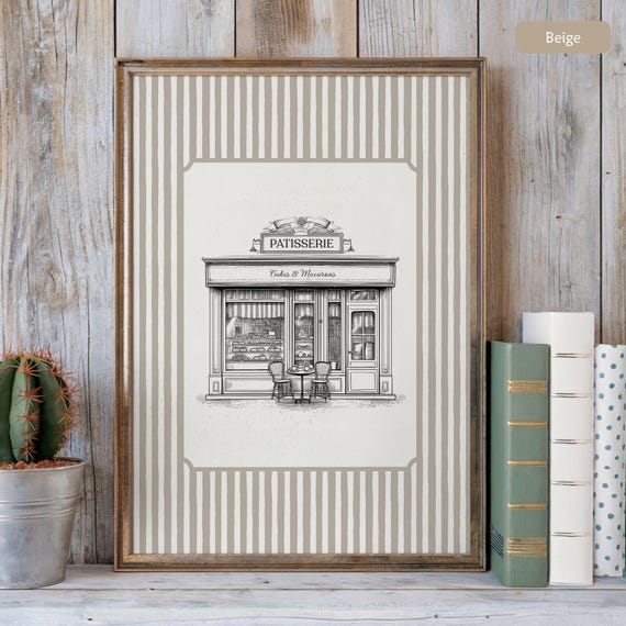 Patisserie French Bakery Poster Fine Black Ink Line Drawing Paris Cafe Wall Art Sage Green Beige Striped Kitchen Print Poster Custom Gift