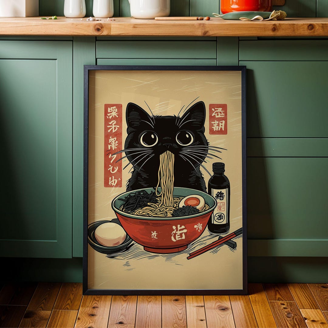 Vintage Ramen Black Cat Poster Retro Japanese Wall Art Cute Kitchen ...