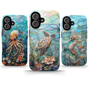 Stained Glass Phone Case for Ocean Lovers Turtle Octopus Seahorse Cover for iPhone Samsung Pixel 3D Faux Glass MagSafe Tough Slim Phone Case