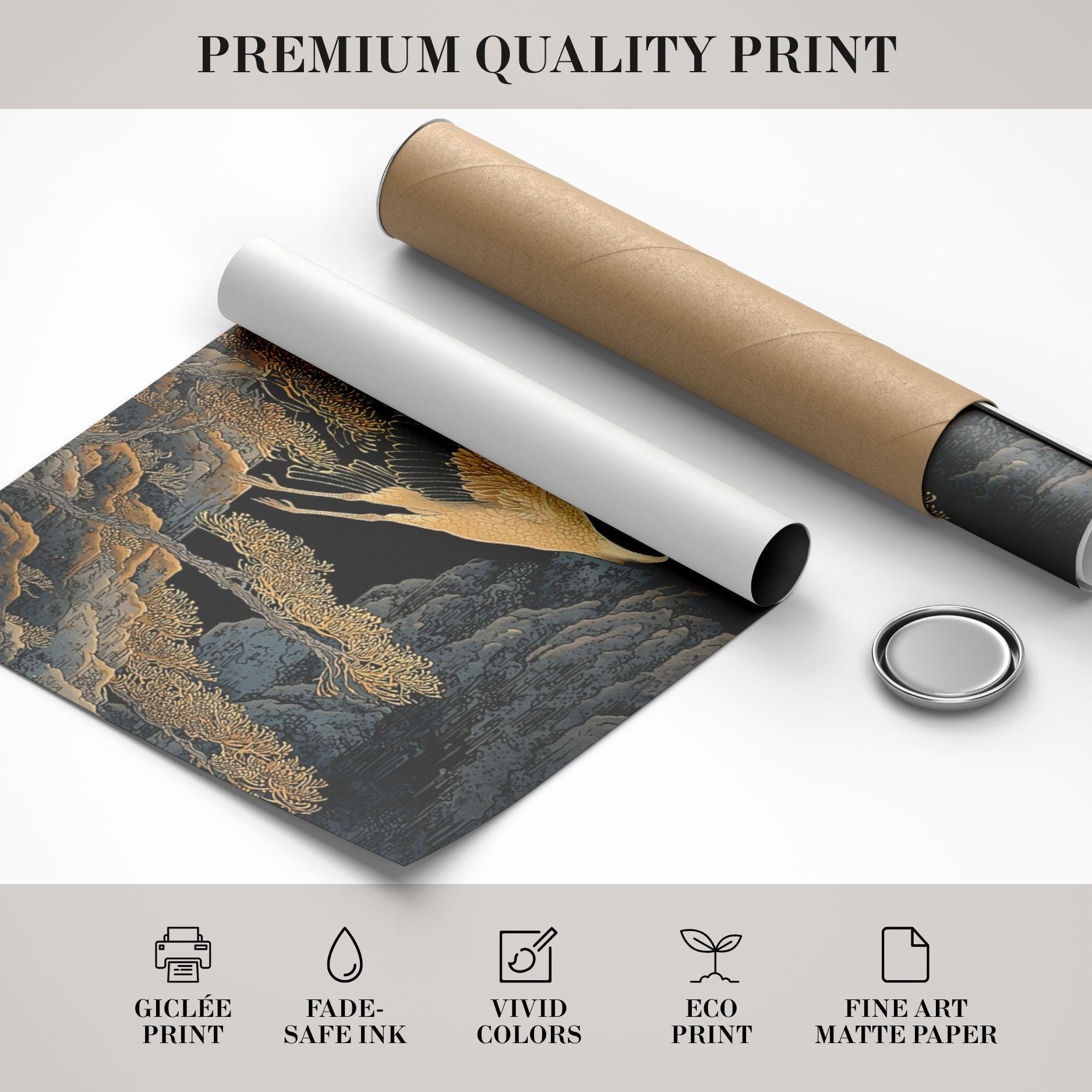 Japanese Gold Crane Wall Art Set of 3 Japandi Poster Wabi Sabi Mountain ...