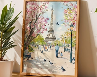 May include: A framed watercolor painting of the Eiffel Tower in Paris, France. The painting depicts the tower in the background with a park in the foreground. The park is filled with people walking, sitting on benches, and enjoying the spring weather. The trees are in bloom with pink and white flowers. There are also several pigeons flying around the park.