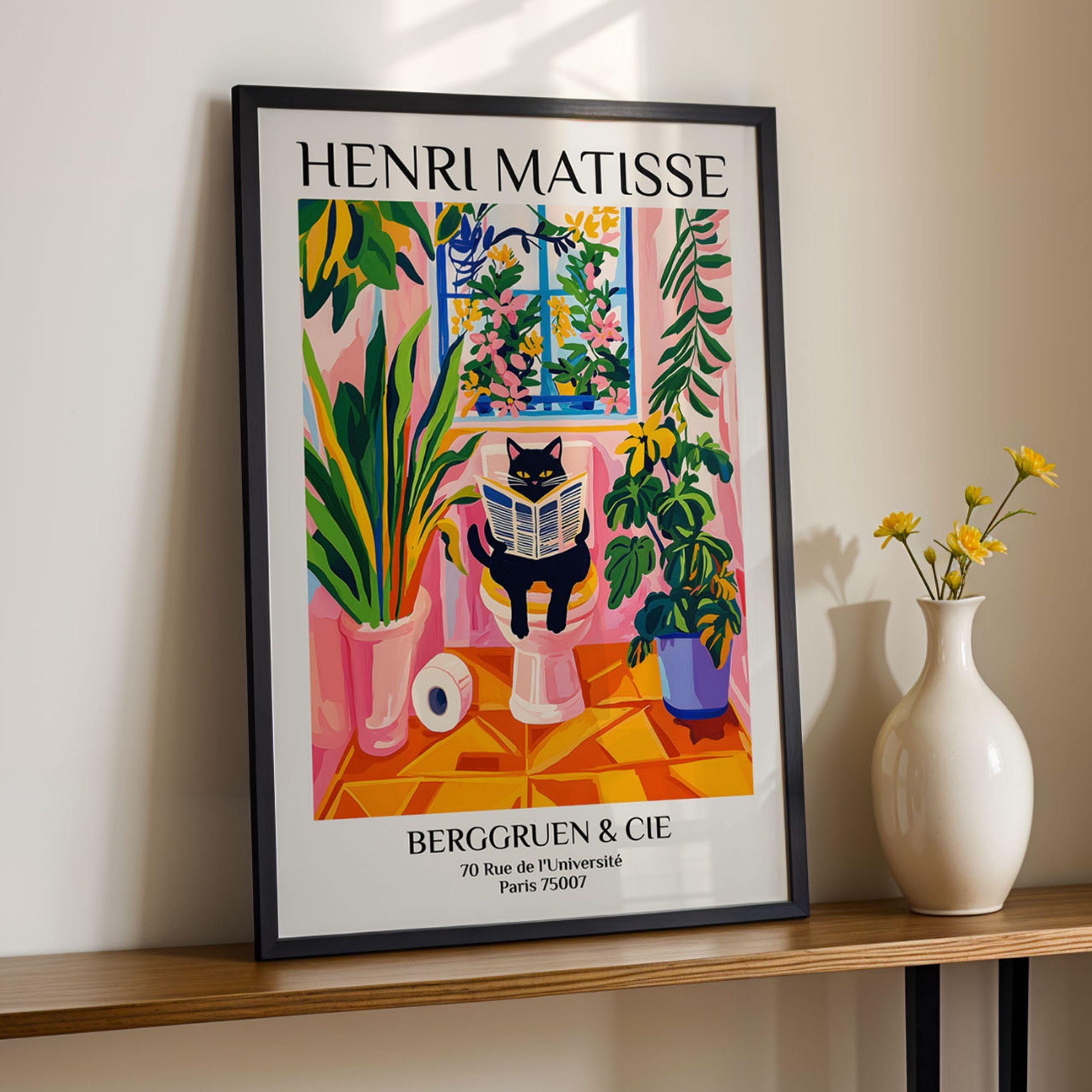 Schwarze Katze auf Toilette Print Lustig Badezimmer Wand Kunst Matisse Inspiriert Pink Dopamin Dekor Mid Century Modern Ästhetisches Poster