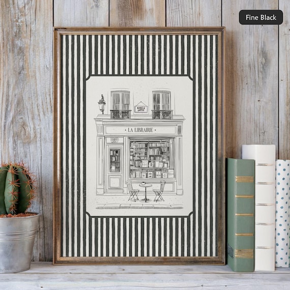 La Librairie Bookshop Poster Fine Black Ink Line Drawing French Bookstore Wall Art Sage Green Beige Striped Vintage Paris Poster Print