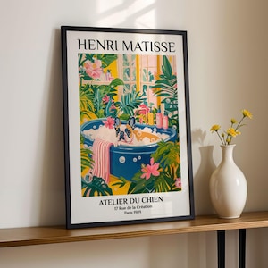 French Bulldog Bathroom Art Print Henri Matisse Style Dog Poster Colorful Wall Decor Retro Bubble Bath Gallery Wall Art Poster Parisian Vibe