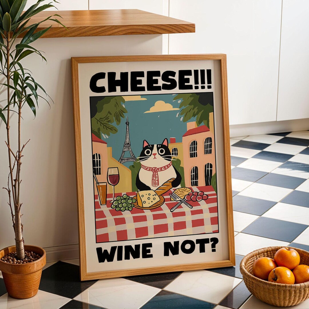 Cheese and Wine Cat Art Print Funny Black Cat Decor Gift for Kitchen ...