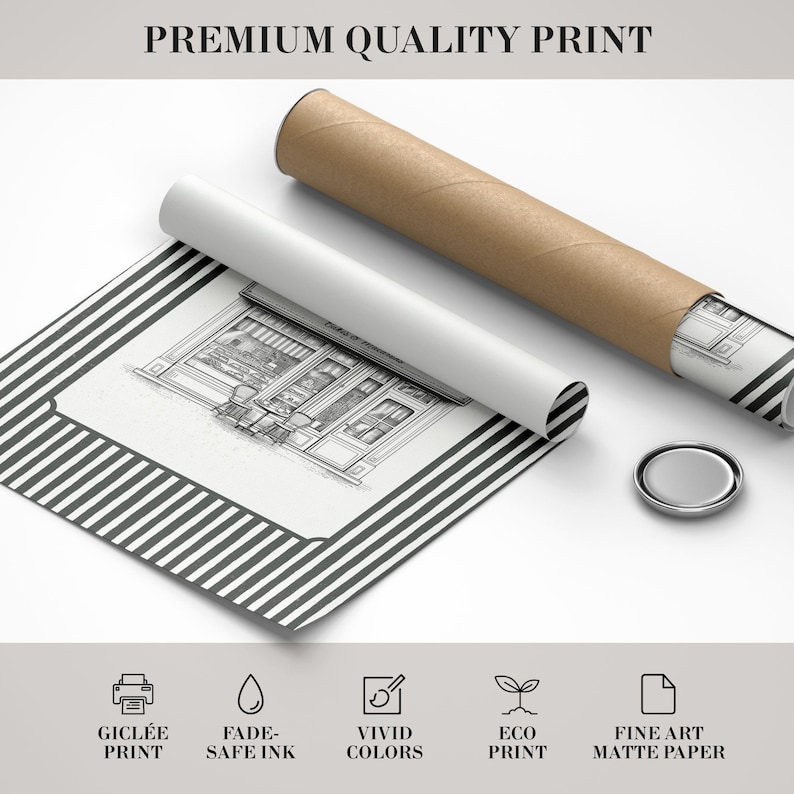 May include: A black and white architectural print of a building with a striped border, rolled with a brown tube. The print is labeled "Premium Quality Print" and features icons for Gicl&eacute;e print, fade-safe ink, vivid colors, eco print, and fine art matte paper.