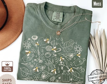 Camiseta de abeja vintage: Camiseta con colores cómodos y diseño de panal botánico