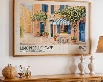 Limoncello Café Horizontal Italian Wall Art Poster Mediterranean Kitchen Poster Sunny Lemon Tree Print Gift Travel Coffee Shop Poster Print