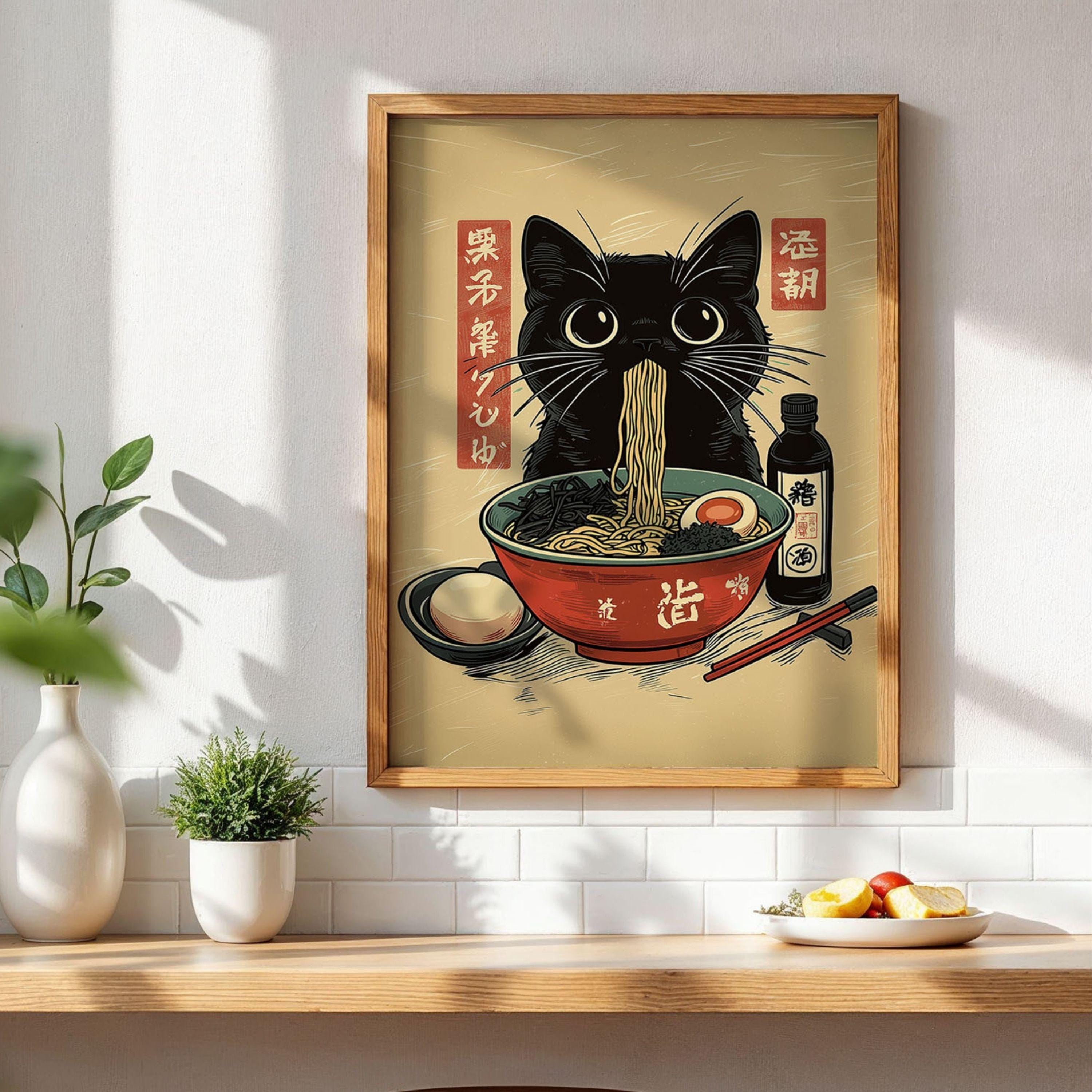 Vintage Ramen Black Cat Poster Retro Japanese Wall Art Cute Kitchen ...