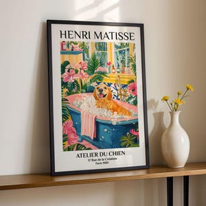 Golden Retriever Bathroom Art Print Henri Matisse Style Dog Poster Colorful Wall Decor Bubble Bath Gallery Wall Paris Retro Wall Art Gift