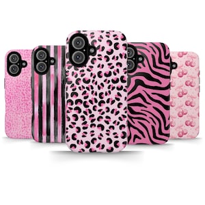 Pink Leopard Aesthetic Phone Case Trendy Y2K Cute Pattern iPhone 16 15 14 13 12 11 Pro Max Samsung S24 Pixel 9 MagSafe Tough Phone Cover