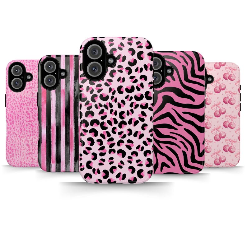 Pink Leopard Aesthetic Phone Case Trendy Y2K Cute Pattern iPhone 16 15 14 13 12 11 Pro Max Samsung S24 Pixel 9 MagSafe Tough Phone Cover