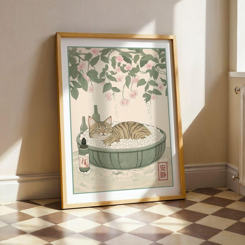 Tabby Cat in Bathtub Print Japanese Bathroom Art Minimalist Neutral ...