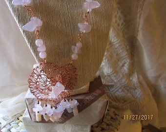 Crocheted Copper lace with Rose Quartz and Calcite Necklace and coordinating earrings