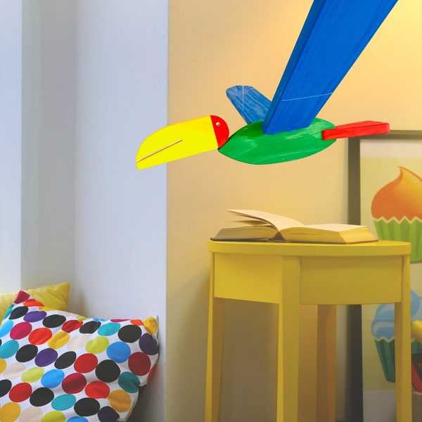 Jouet mobile en bois toucan volant - Mobile pour bébé oiseau - Jouet en bois écologique - Déco naturelle pour chambre d'enfant