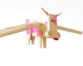 Natural Flying Cow with Pink Spots Nursery Mobile - Crib Nursery Mobile - Baby Shower Gift - Eco Friendly Wooden Toy