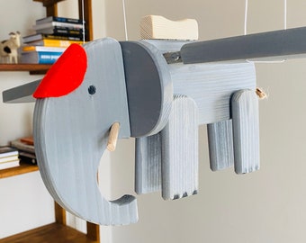 Flying Gray Elephant Wooden Nursery Mobile: Kids Room Decor