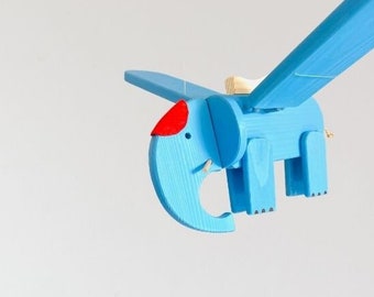 Flying Blue Elephant - Wooden Mobile Toy - Nursery Mobile - Kids Room Decor - Baby Shower Gift