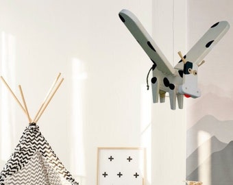 Flying Cow Nursery Mobile: Handcrafted Wooden Kinetic Decor