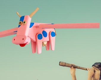 Pink Cow Wooden Baby Mobile: Blue Spots Nursery Decor