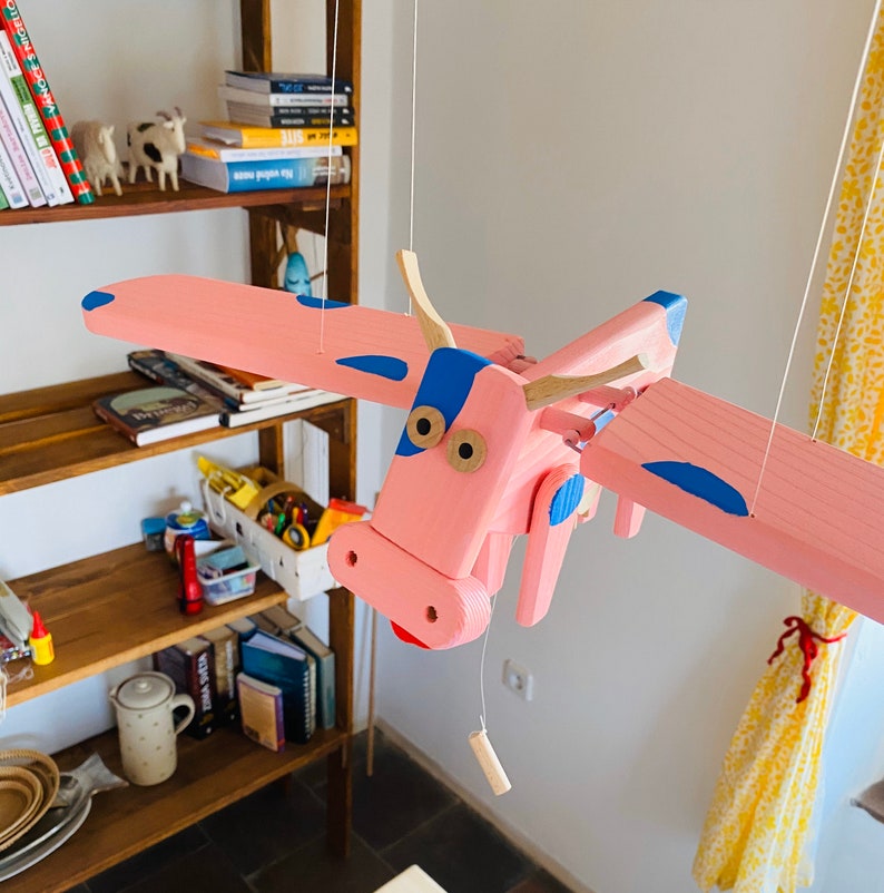 Flying Cow Wooden Mobile Toy Natural Wooden Animal Toy Etsy