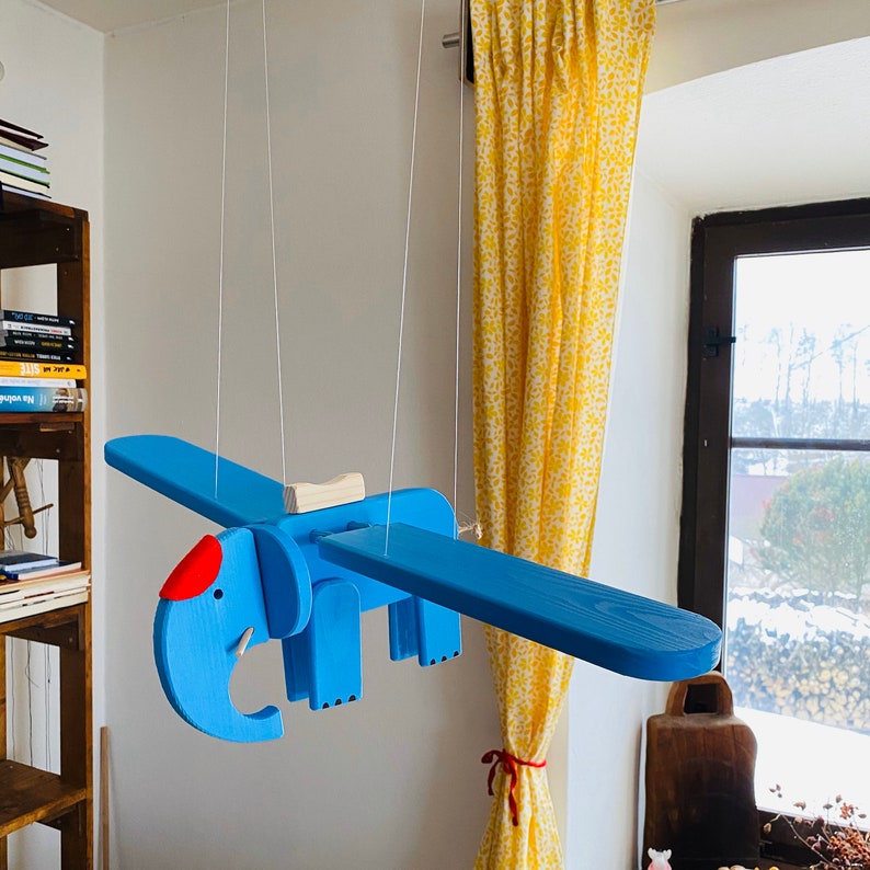 Flying Blue Elephant Wooden Mobile Toy Nursery Mobile Kids Room Decor Baby Shower Gift image 5