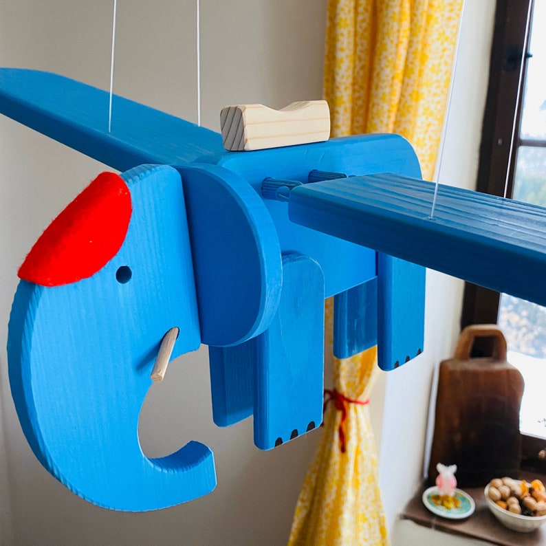 Flying Blue Elephant Wooden Mobile Toy Nursery Mobile Kids Room Decor Baby Shower Gift image 4