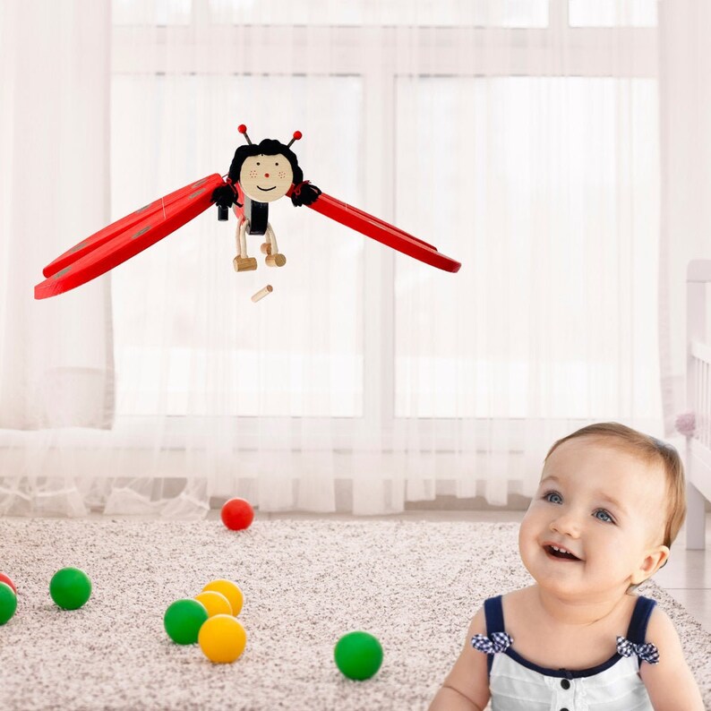 Flying Ladybug Nursery Mobile Eco Friendly Wooden Toy Ladybug Nursery Decor Baby Shower Gift Gift for Daughter image 2