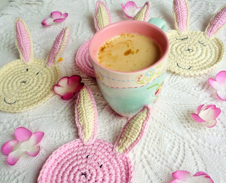 Pink Rabbit Crochet Coasters Bunny Coasters Animal Etsy