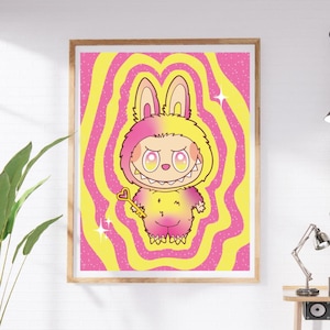 Lámina de pared especial de peluche Labubu rosa - Lealtad. Decoración adorable para dormitorio, póster de dibujos animados kawaii, ilustración pastel, decoración estética para habitación.