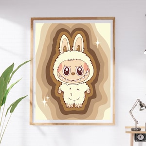 Lámina de pared de peluche Labubu color crema – Leche de soja. Decoración adorable para dormitorio, póster de dibujos animados kawaii, ilustración pastel, decoración estética para habitación.