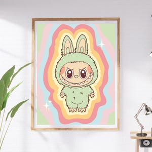 グリーンラブブぬいぐるみウォールアートプリント - グリーングレープ。キュートな寝室の装飾、可愛い漫画ポスター、パステルカラーのイラスト、美しい部屋の装飾。