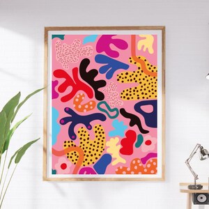 Estampado animal abstracto, arte de pared colorido y funky, póster vibrante y divertido, decoración atrevida, formas maravillosas, obras de arte brillantes para el dormitorio, arte llamativo.