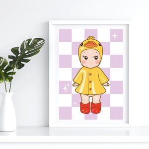 Lámina artística de pared "Pato Sonny Ángel" - Serie "Día lluvioso". Decoración adorable para dormitorio, póster de dibujos animados kawaii, ilustración pastel, decoración estética para habitación.