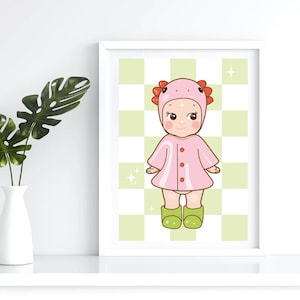 Lámina de pared Axolotl Sonny Angel - Serie Días lluviosos. Decoración adorable para dormitorio, póster de dibujos animados kawaii, ilustración pastel, decoración estética para habitación.