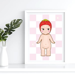 Strawberry Sonny Angel Wall Art Print – Fruit series. Cute Bedroom Decor, Kawaii Cartoon Poster, Pastel Illustration, Aesthetic Room Decor.