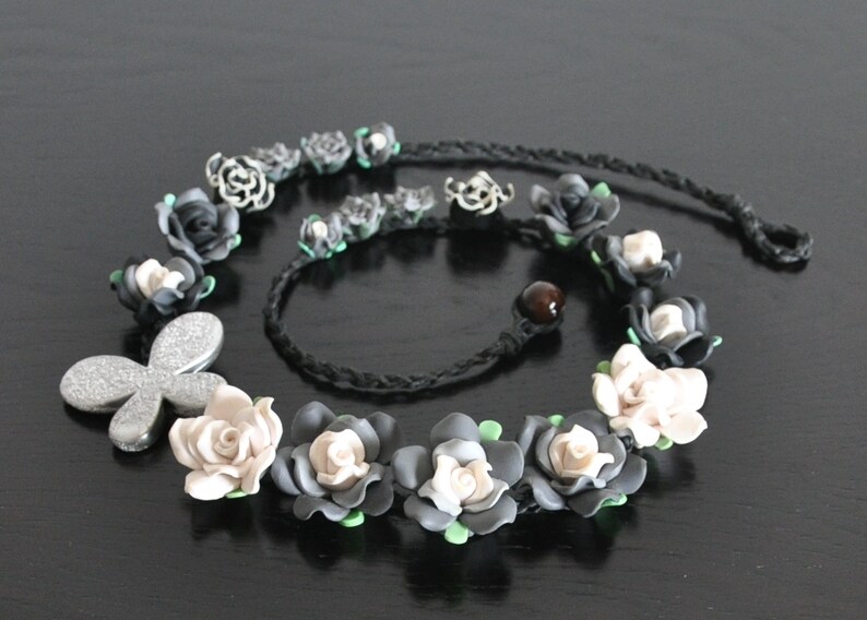 Summer Gray Polymer Clay Flower Paper Raffia Crochet Necklace Black