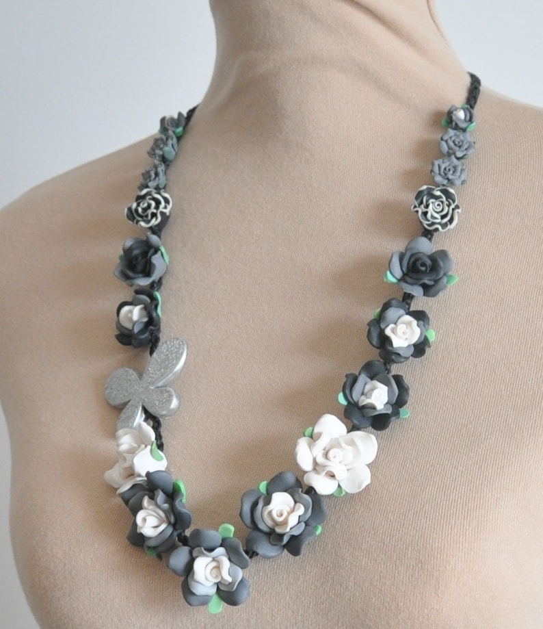 Summer Gray Polymer Clay Flower Paper Raffia Crochet Necklace Black