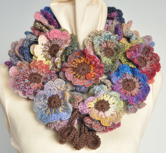 Floral Fall Crochet Multicolor flower Scarf | Etsy
