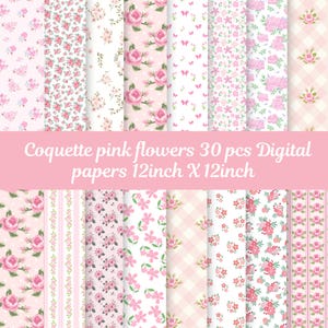 Puede incluir: Un conjunto de 30 papeles digitales con patrones florales rosas. Los papeles miden 30,5 cm x 30,5 cm e incluyen varios diseños con rosas, mariposas y lunares.