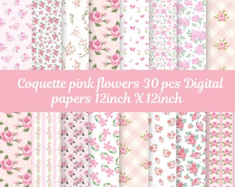 Coquette Digital Paper Pack, 30 Seamless Pastel Pink Roses Backgrounds, Shabby Chic Pink Paper Set, Soft Vintage Spring Scrapbooking
