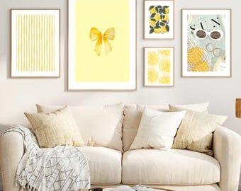 Lemon Wall Art Set of 5, Lemon Kitchen Decor, Yellow Citrus Prints, Modern Fruit Wall Art, Pastel Lemon Printable Poster, Digital Download