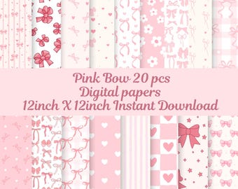 Pink Bows Digital Papers,Pink Digital Seamless Patterns,Pink Coquette Bow Printable Paper,Coquette Pink Digital Paper,Pink Bow Digital Pape