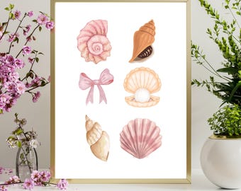 Coastal Wall Art, , Cute Summer Art Prints, Beachy Wall Art, Trendy Beach House Decor, Trendy Beach Art, Seashell Art, Seashells Print